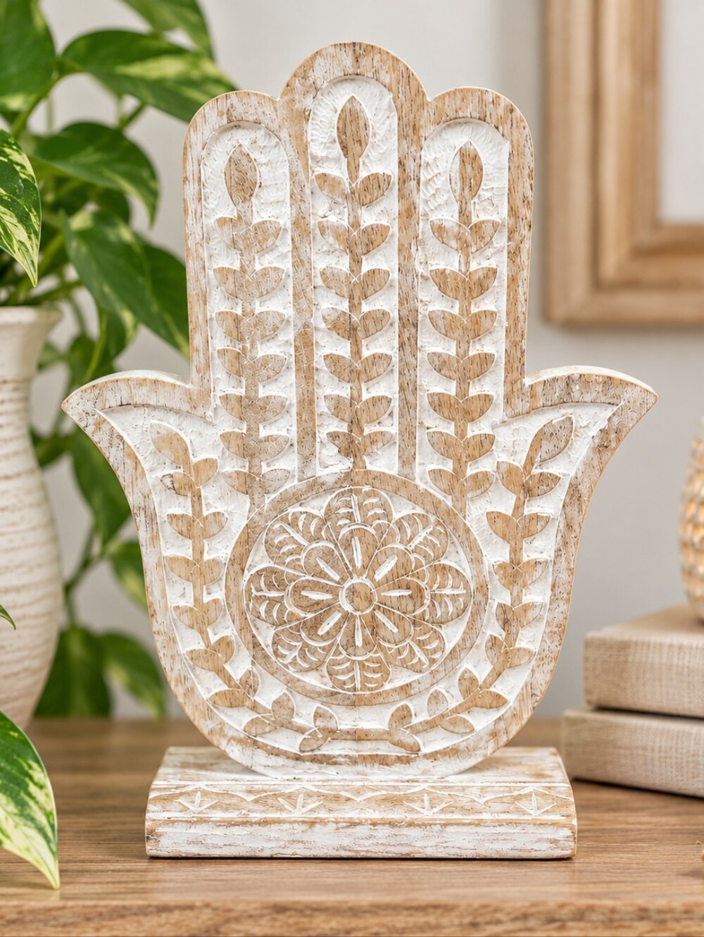 Brewster Carved Wooden Hamsa Hand Décor – Natural Whitewash, NWOT